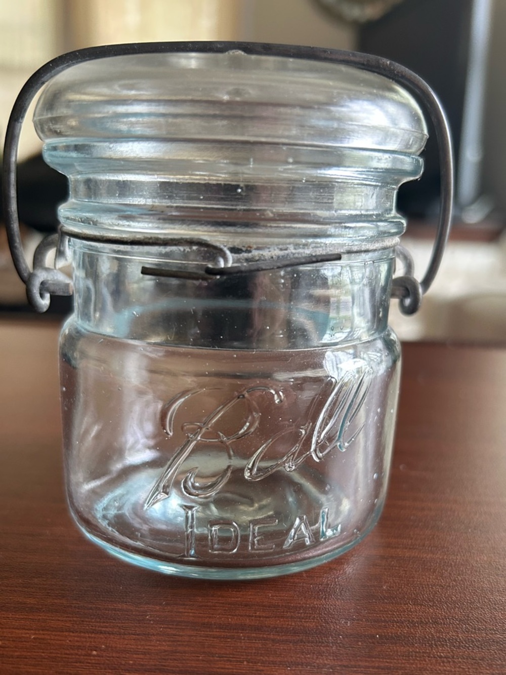 Antique Ball Ideal Glass Jar with Wire Bail Lid - Clear, produced in 1920s